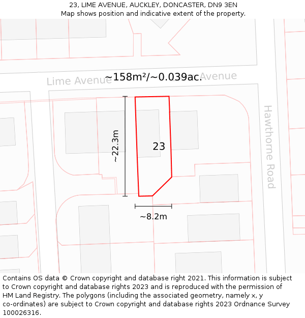 23, LIME AVENUE, AUCKLEY, DONCASTER, DN9 3EN: Plot and title map