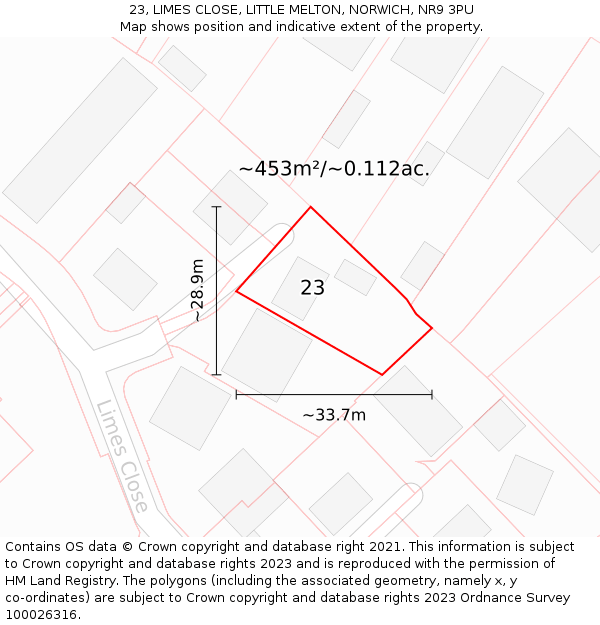 23, LIMES CLOSE, LITTLE MELTON, NORWICH, NR9 3PU: Plot and title map