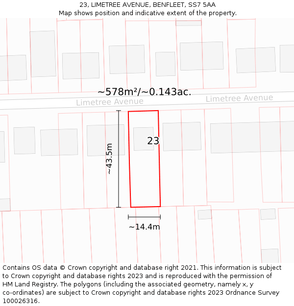 23, LIMETREE AVENUE, BENFLEET, SS7 5AA: Plot and title map