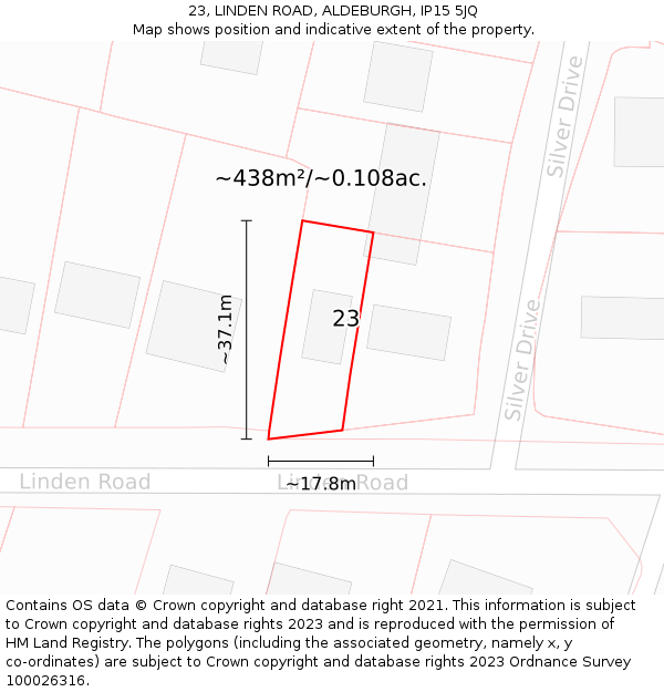 23, LINDEN ROAD, ALDEBURGH, IP15 5JQ: Plot and title map