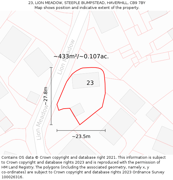 23, LION MEADOW, STEEPLE BUMPSTEAD, HAVERHILL, CB9 7BY: Plot and title map