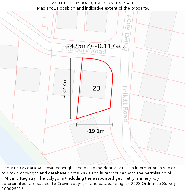 23, LITELBURY ROAD, TIVERTON, EX16 4EF: Plot and title map