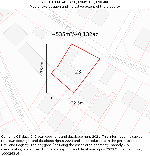 23, LITTLEMEAD LANE, EXMOUTH, EX8 4RF: Plot and title map