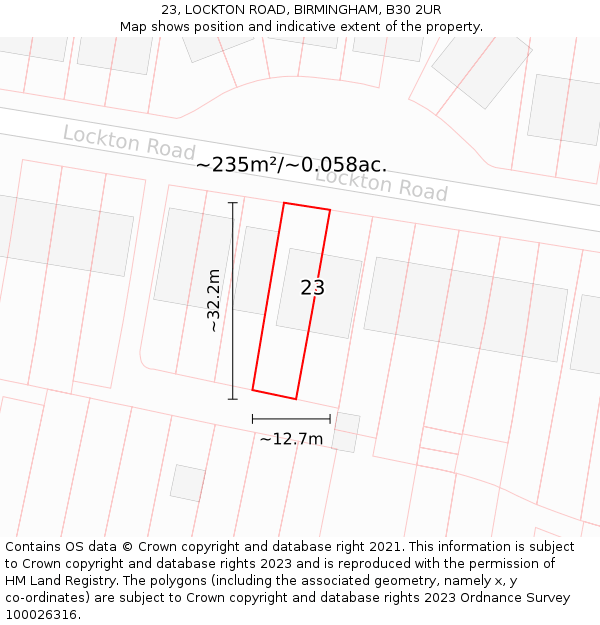 23, LOCKTON ROAD, BIRMINGHAM, B30 2UR: Plot and title map