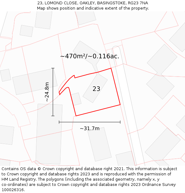 23, LOMOND CLOSE, OAKLEY, BASINGSTOKE, RG23 7NA: Plot and title map