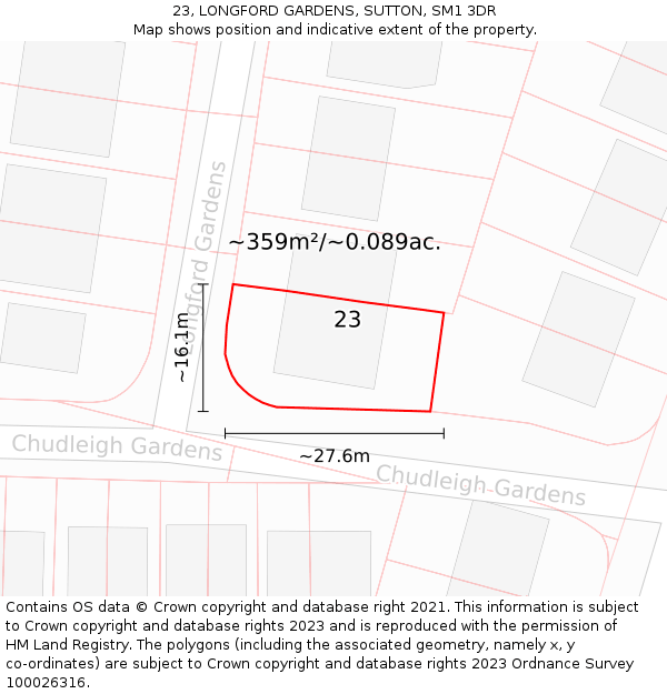 23, LONGFORD GARDENS, SUTTON, SM1 3DR: Plot and title map