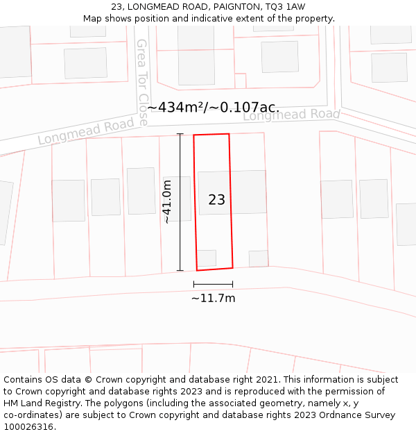 23, LONGMEAD ROAD, PAIGNTON, TQ3 1AW: Plot and title map