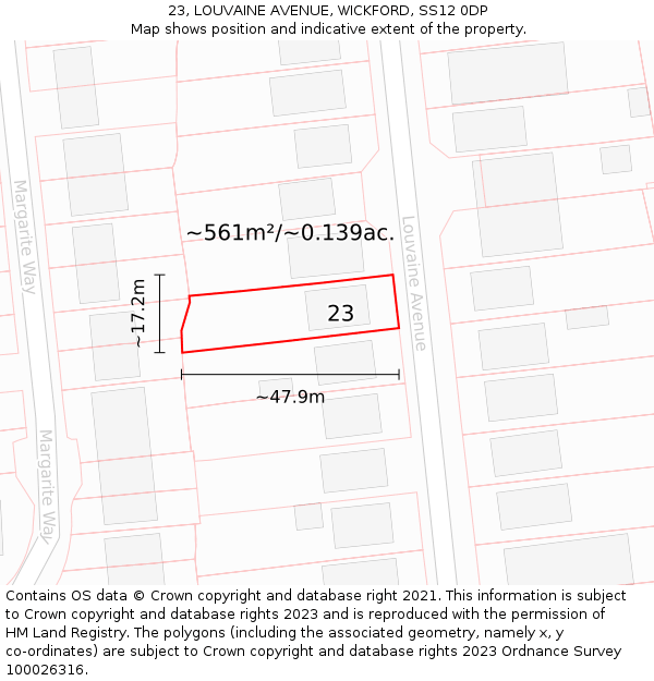 23, LOUVAINE AVENUE, WICKFORD, SS12 0DP: Plot and title map
