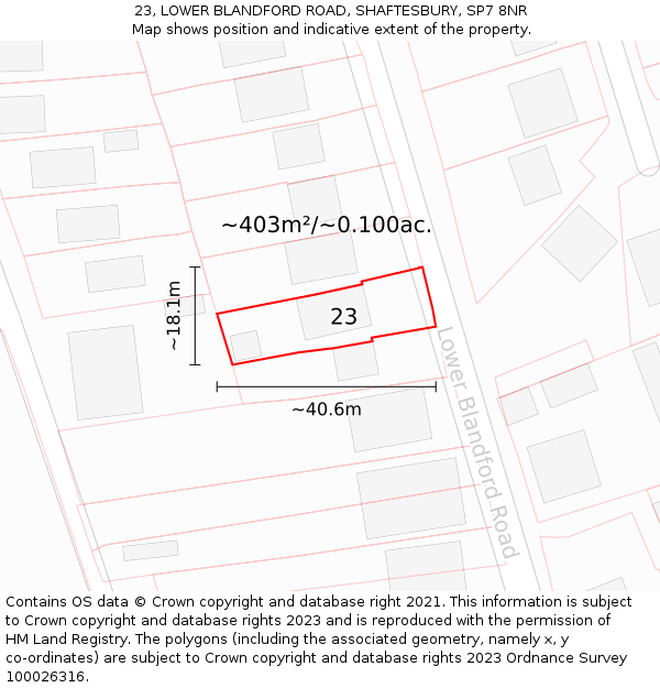 23, LOWER BLANDFORD ROAD, SHAFTESBURY, SP7 8NR: Plot and title map