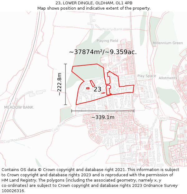 23, LOWER DINGLE, OLDHAM, OL1 4PB: Plot and title map