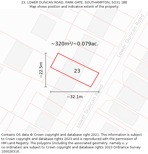 23, LOWER DUNCAN ROAD, PARK GATE, SOUTHAMPTON, SO31 1BE: Plot and title map