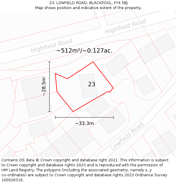 23, LOWFIELD ROAD, BLACKPOOL, FY4 5BJ: Plot and title map
