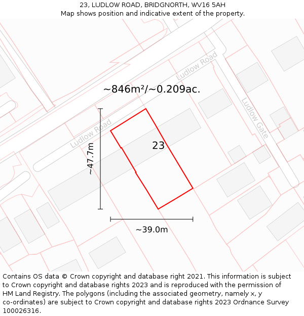 23, LUDLOW ROAD, BRIDGNORTH, WV16 5AH: Plot and title map