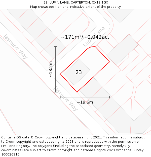 23, LUPIN LANE, CARTERTON, OX18 1GX: Plot and title map