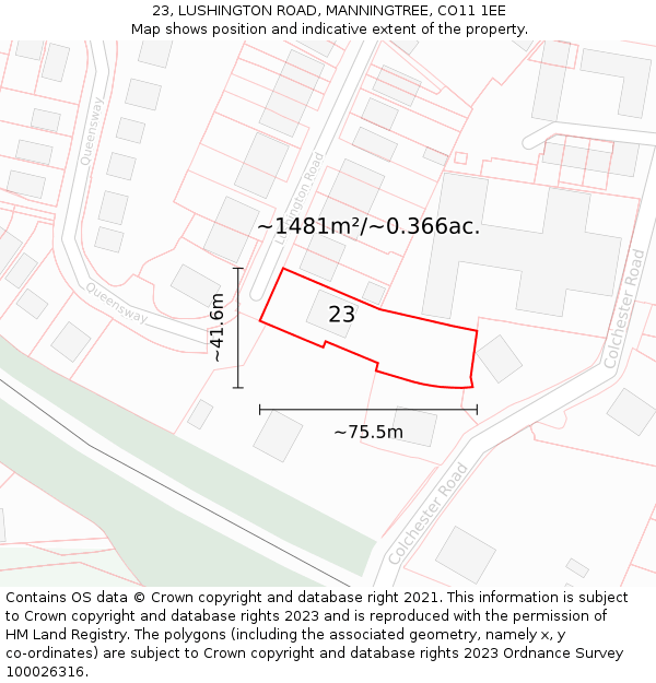 23, LUSHINGTON ROAD, MANNINGTREE, CO11 1EE: Plot and title map