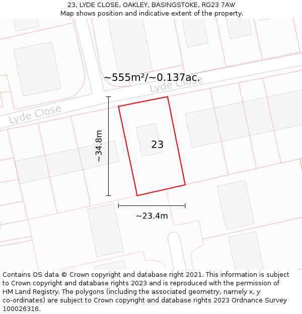 23, LYDE CLOSE, OAKLEY, BASINGSTOKE, RG23 7AW: Plot and title map