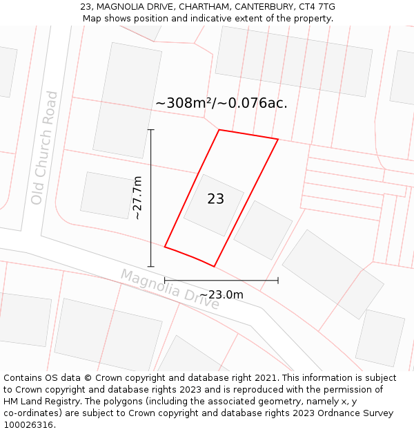 23, MAGNOLIA DRIVE, CHARTHAM, CANTERBURY, CT4 7TG: Plot and title map