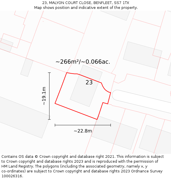 23, MALYON COURT CLOSE, BENFLEET, SS7 1TX: Plot and title map