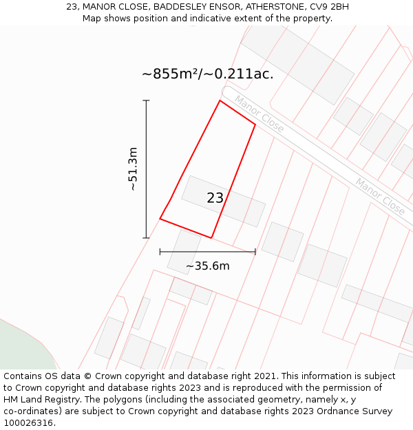 23, MANOR CLOSE, BADDESLEY ENSOR, ATHERSTONE, CV9 2BH: Plot and title map