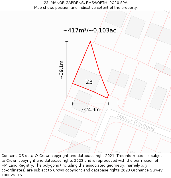 23, MANOR GARDENS, EMSWORTH, PO10 8PA: Plot and title map