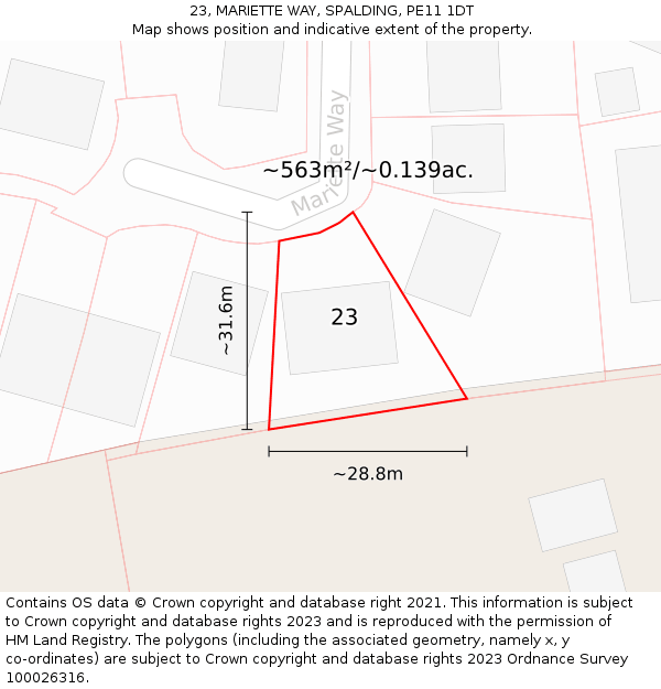 23, MARIETTE WAY, SPALDING, PE11 1DT: Plot and title map