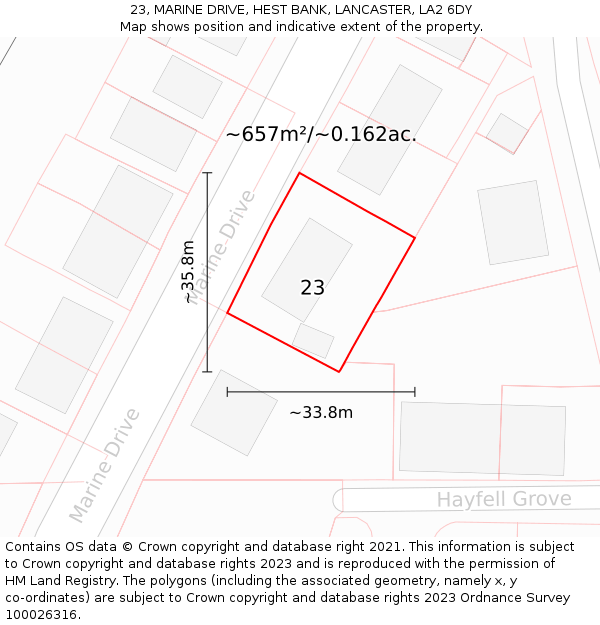 23, MARINE DRIVE, HEST BANK, LANCASTER, LA2 6DY: Plot and title map