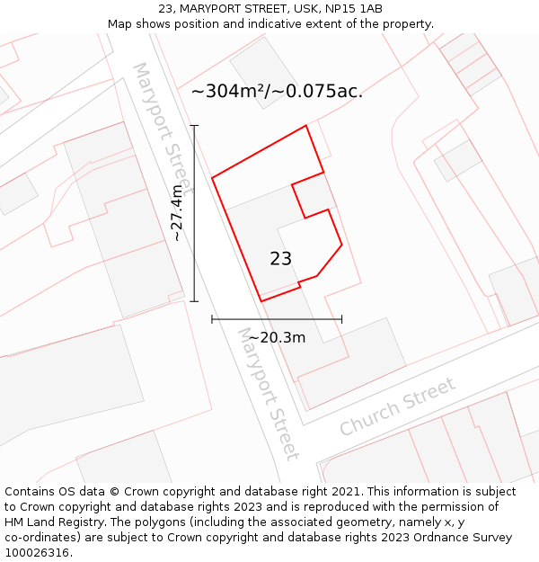 23, MARYPORT STREET, USK, NP15 1AB: Plot and title map