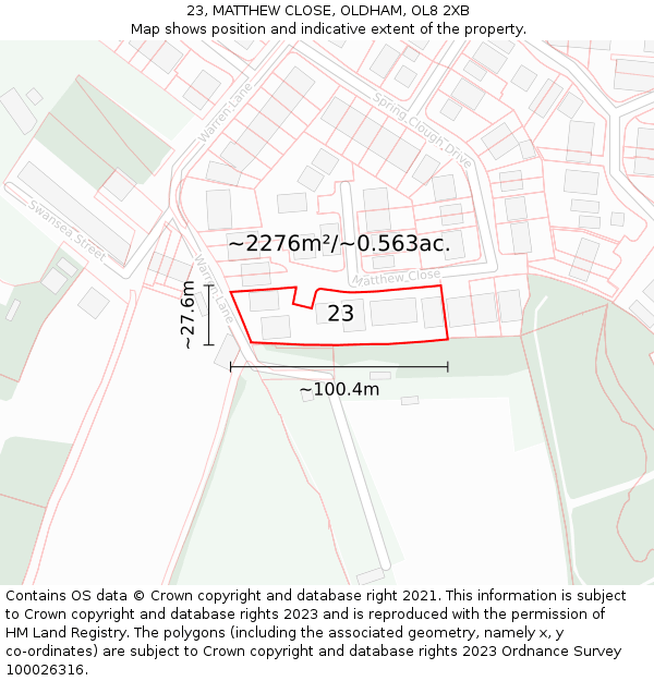 23, MATTHEW CLOSE, OLDHAM, OL8 2XB: Plot and title map