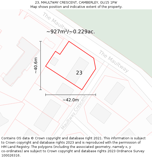 23, MAULTWAY CRESCENT, CAMBERLEY, GU15 1PW: Plot and title map