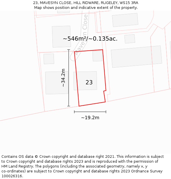 23, MAVESYN CLOSE, HILL RIDWARE, RUGELEY, WS15 3RA: Plot and title map