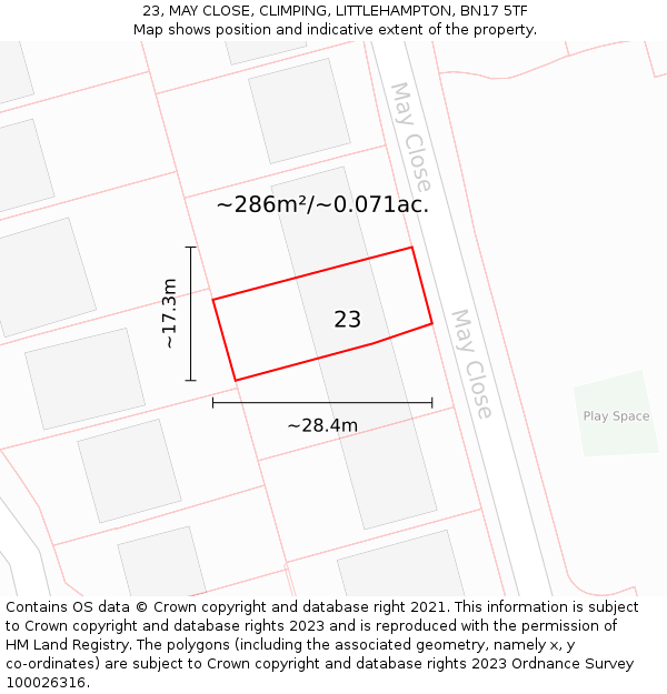 23, MAY CLOSE, CLIMPING, LITTLEHAMPTON, BN17 5TF: Plot and title map