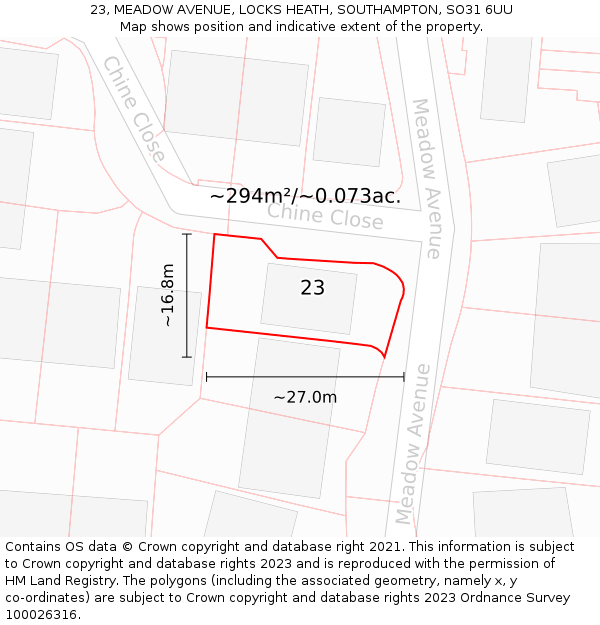 23, MEADOW AVENUE, LOCKS HEATH, SOUTHAMPTON, SO31 6UU: Plot and title map