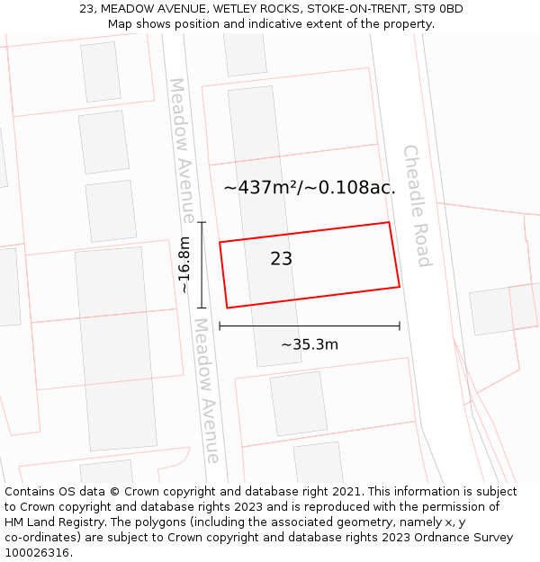 23, MEADOW AVENUE, WETLEY ROCKS, STOKE-ON-TRENT, ST9 0BD: Plot and title map