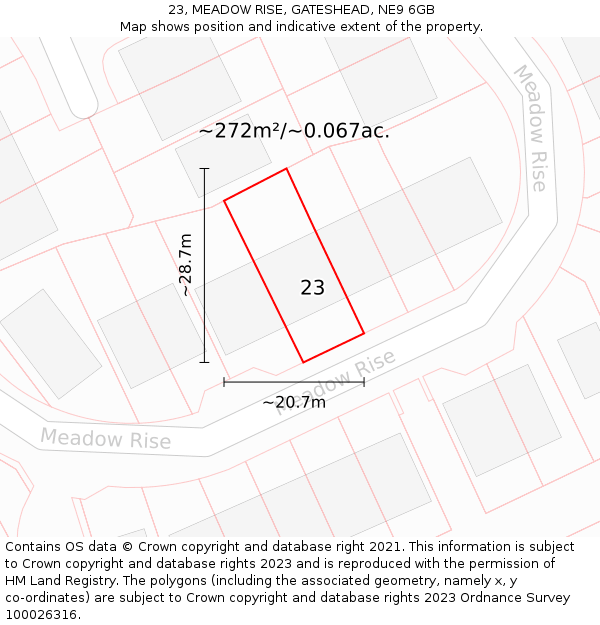 23, MEADOW RISE, GATESHEAD, NE9 6GB: Plot and title map