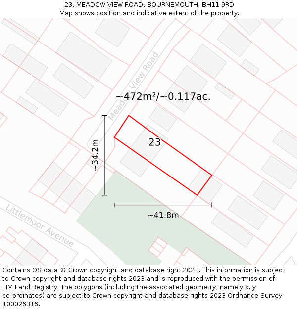 23, MEADOW VIEW ROAD, BOURNEMOUTH, BH11 9RD: Plot and title map