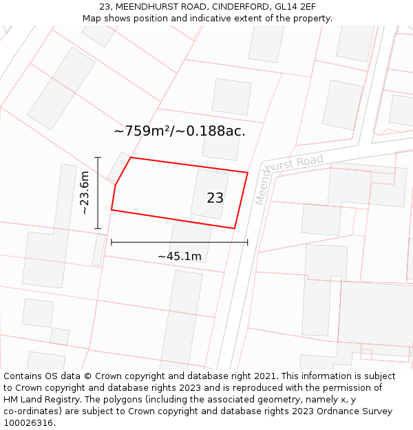 23, MEENDHURST ROAD, CINDERFORD, GL14 2EF: Plot and title map