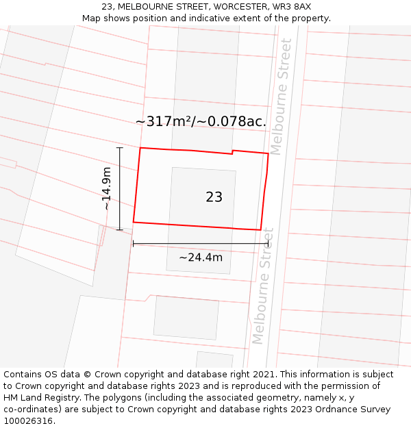 23, MELBOURNE STREET, WORCESTER, WR3 8AX: Plot and title map