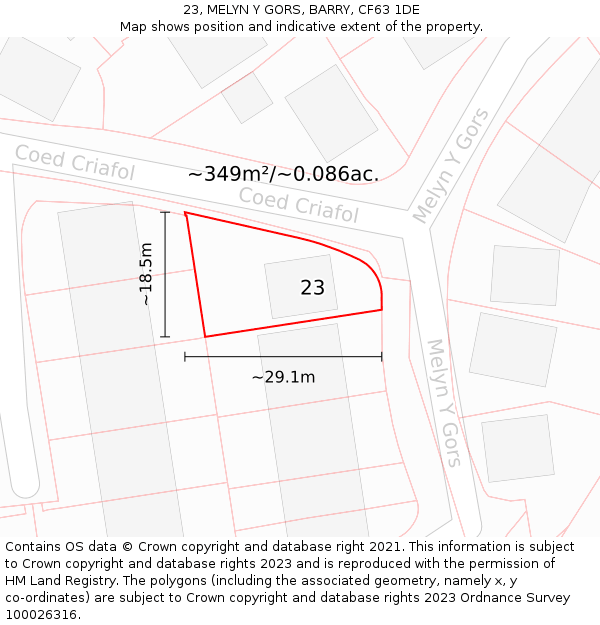 23, MELYN Y GORS, BARRY, CF63 1DE: Plot and title map