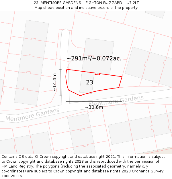 23, MENTMORE GARDENS, LEIGHTON BUZZARD, LU7 2LT: Plot and title map