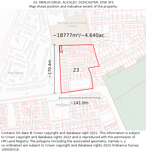 23, MERLIN DRIVE, AUCKLEY, DONCASTER, DN9 3FS: Plot and title map