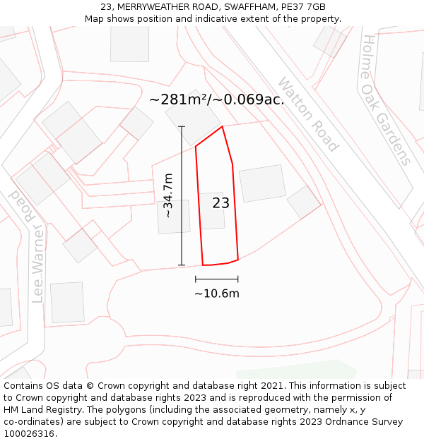 23, MERRYWEATHER ROAD, SWAFFHAM, PE37 7GB: Plot and title map