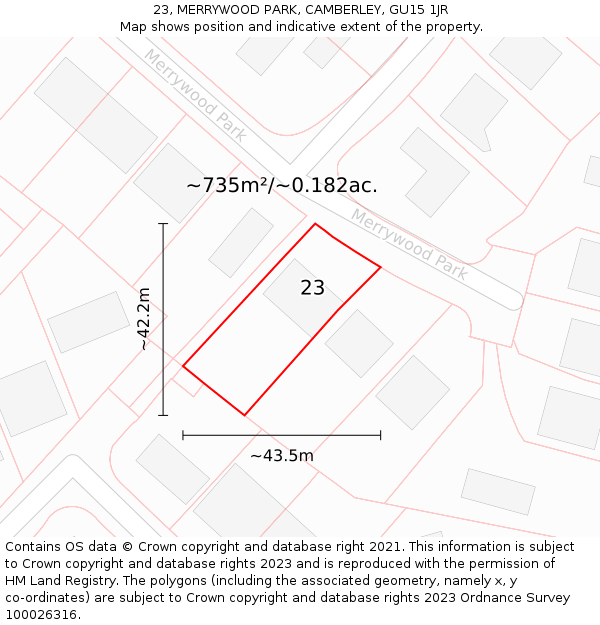 23, MERRYWOOD PARK, CAMBERLEY, GU15 1JR: Plot and title map