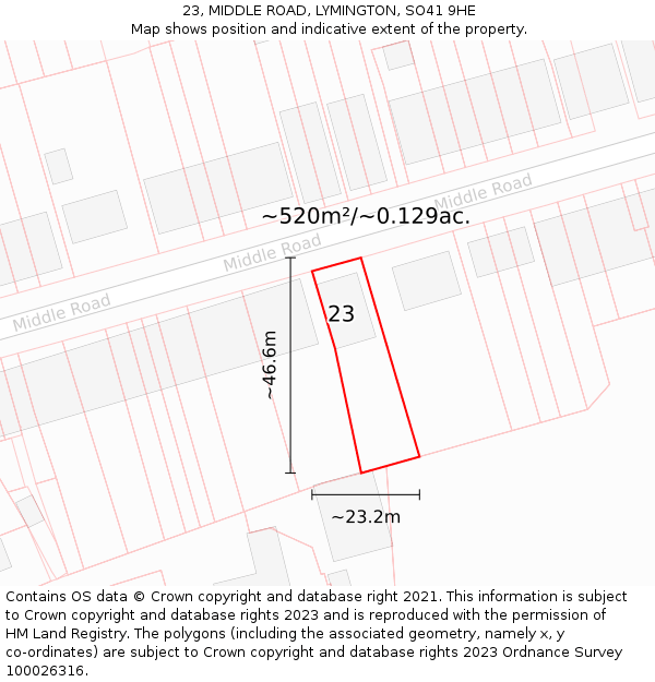 23, MIDDLE ROAD, LYMINGTON, SO41 9HE: Plot and title map