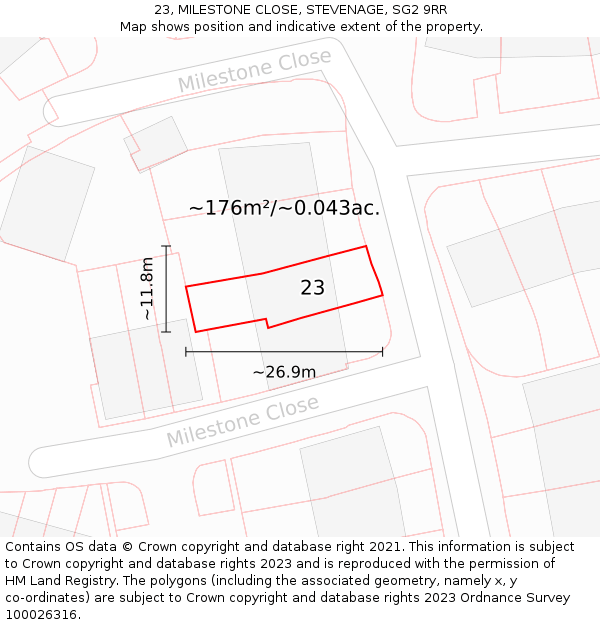 23, MILESTONE CLOSE, STEVENAGE, SG2 9RR: Plot and title map