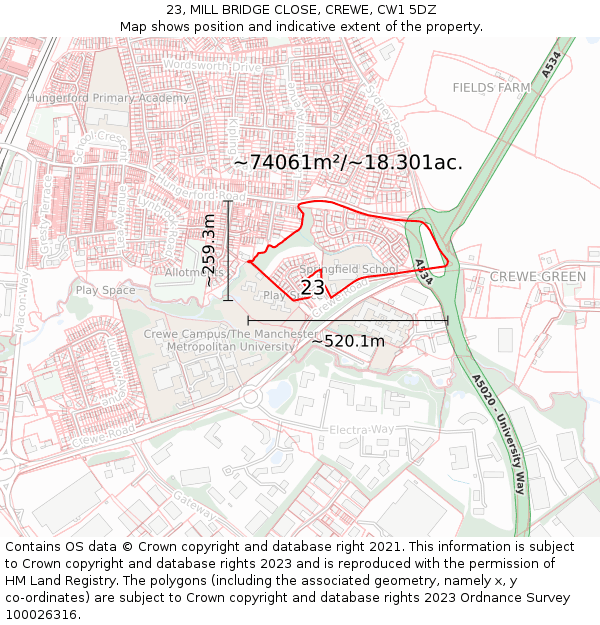 23, MILL BRIDGE CLOSE, CREWE, CW1 5DZ: Plot and title map