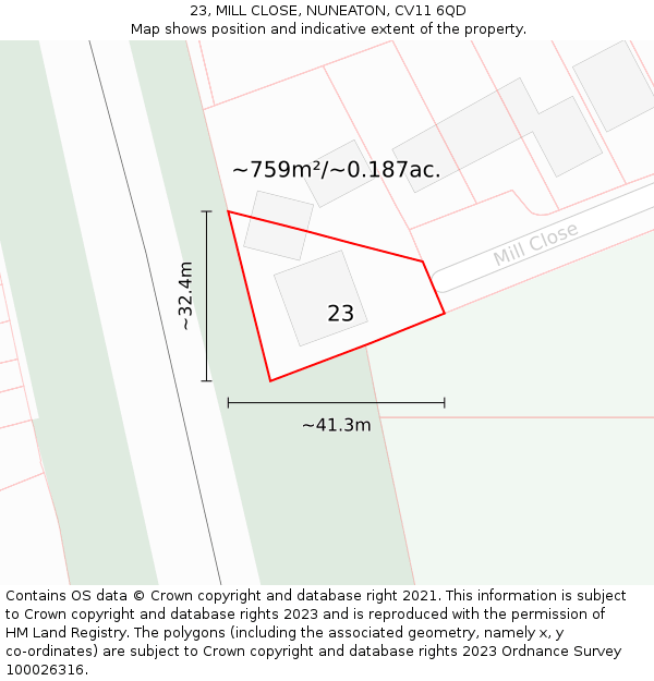 23, MILL CLOSE, NUNEATON, CV11 6QD: Plot and title map