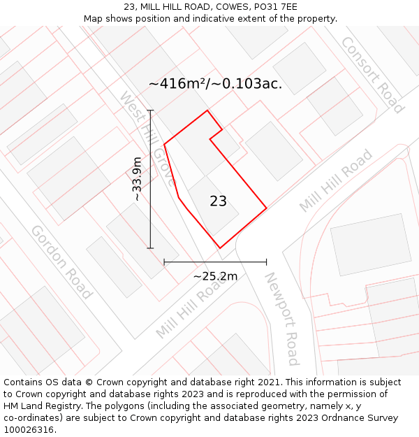 23, MILL HILL ROAD, COWES, PO31 7EE: Plot and title map