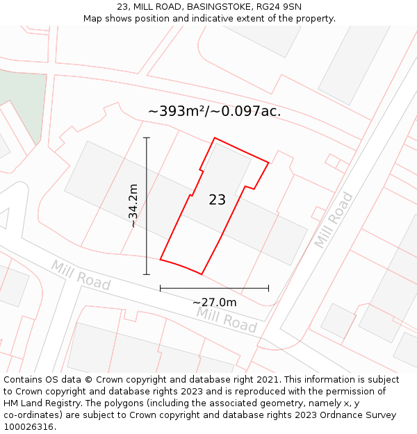 23, MILL ROAD, BASINGSTOKE, RG24 9SN: Plot and title map