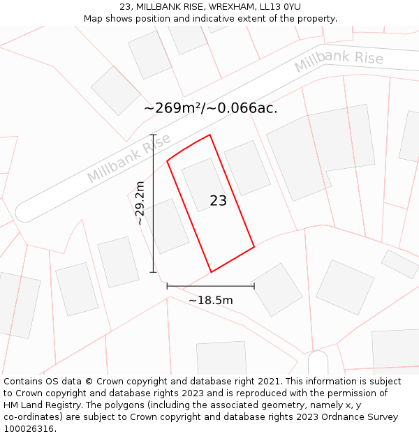 23, MILLBANK RISE, WREXHAM, LL13 0YU: Plot and title map