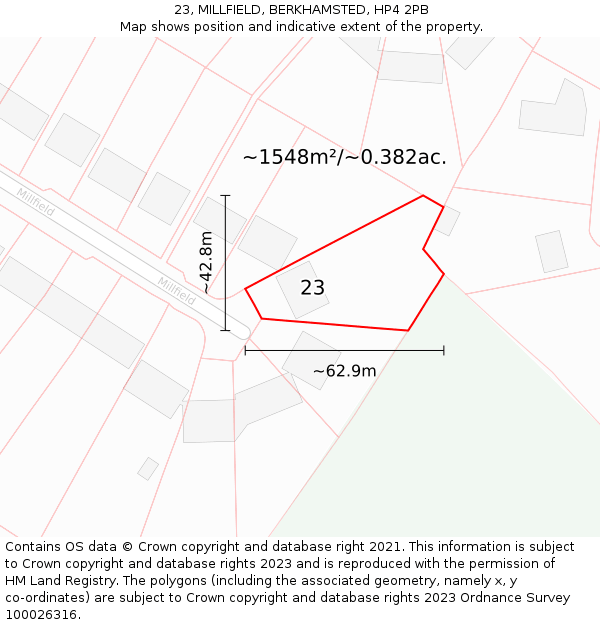 23, MILLFIELD, BERKHAMSTED, HP4 2PB: Plot and title map